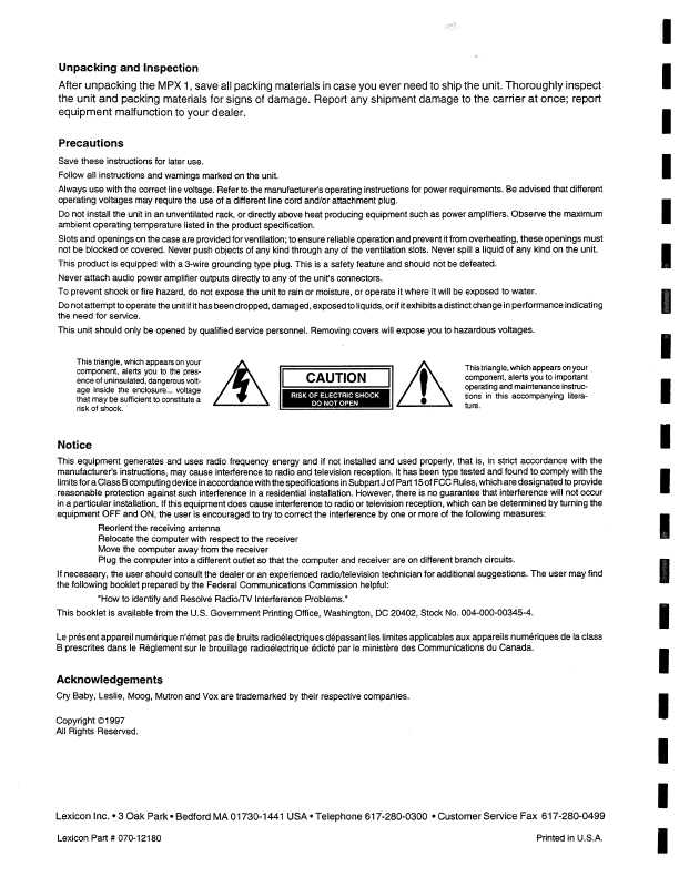 Сервисная инструкция Lexicon MPX-1