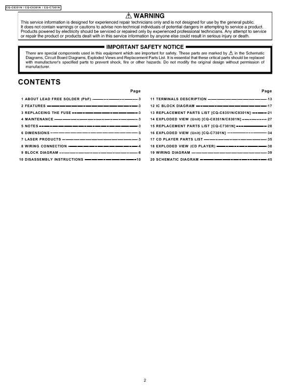 Сервисная инструкция Panasonic CQ-C7301N, CQ-C8301N, CQ-C8351N