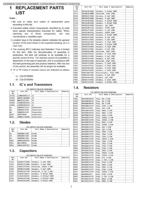 Сервисная инструкция Panasonic CQ-DFX444LEN, CQ-DFX666LEN, CQ-DFX888LEN