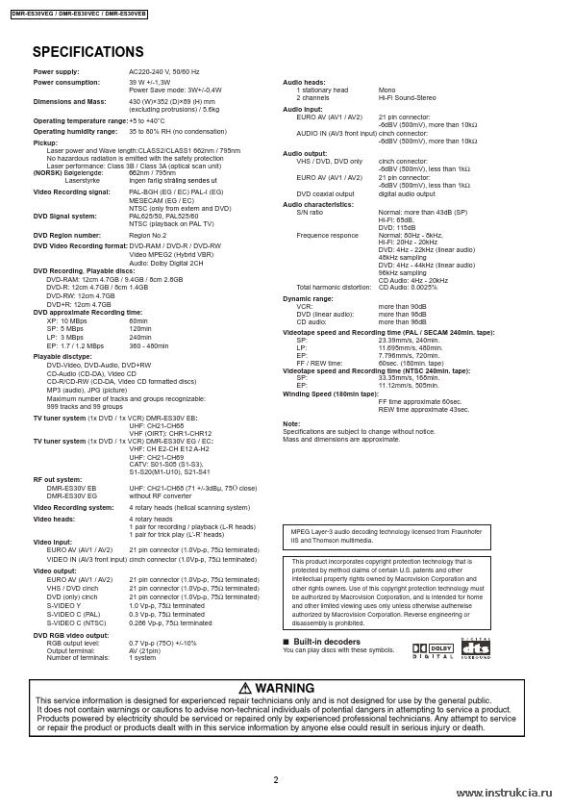 Сервисная инструкция PANASONIC DMR-ES30VEG