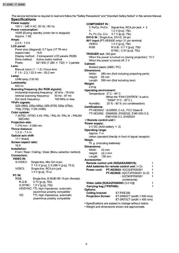 Сервисная инструкция Panasonic PT-AE500E, PT-AE500U