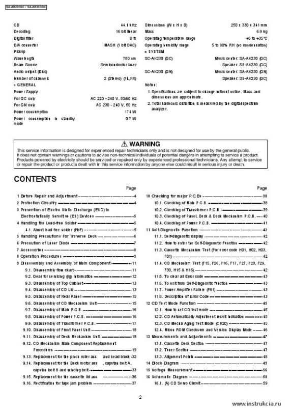 Сервисная инструкция PANASONIC SA-AK230GC, AK230GN