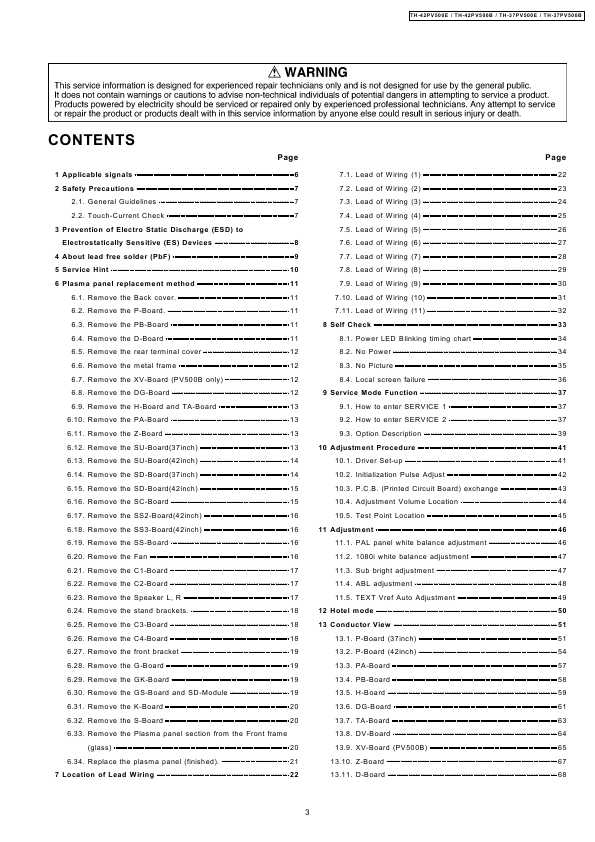 Сервисная инструкция Panasonic TH-37PV500B, TH-37PV500E, TH-42PV500B, TH-42PV500E