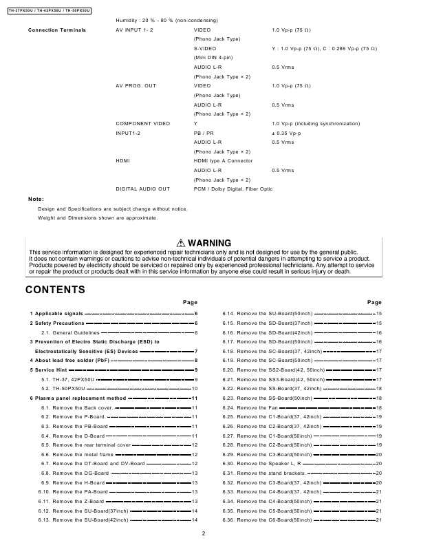 Сервисная инструкция Panasonic TH-37PX50U, TH-42PX50U, TH-50PX50U