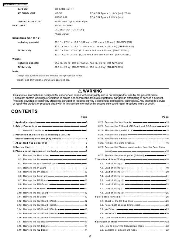 Сервисная инструкция Panasonic TH-37PX60U, TH-42PX60U