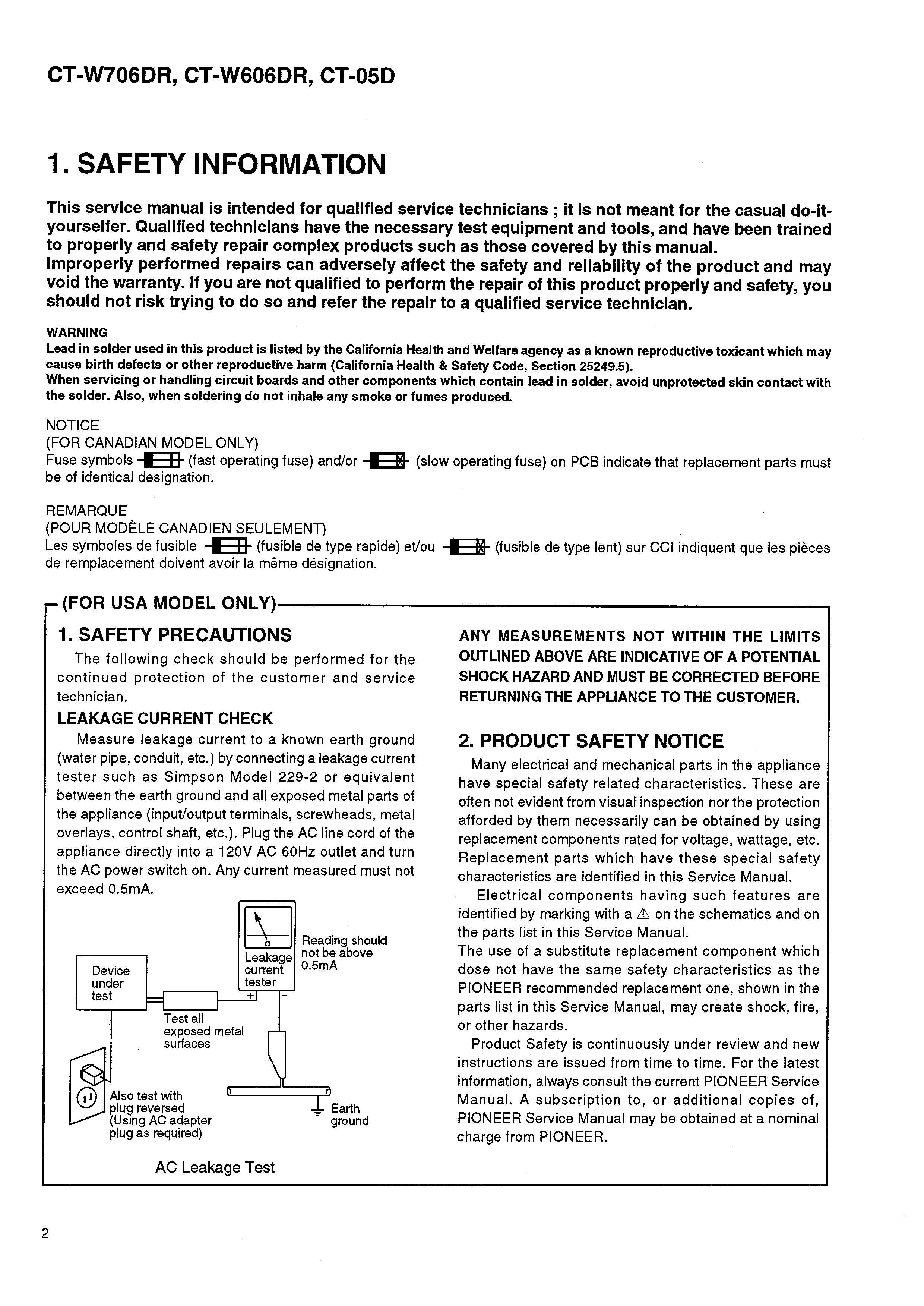 Сервисная инструкция Pioneer CT-05D, CT-W606DR, CT-W706DR