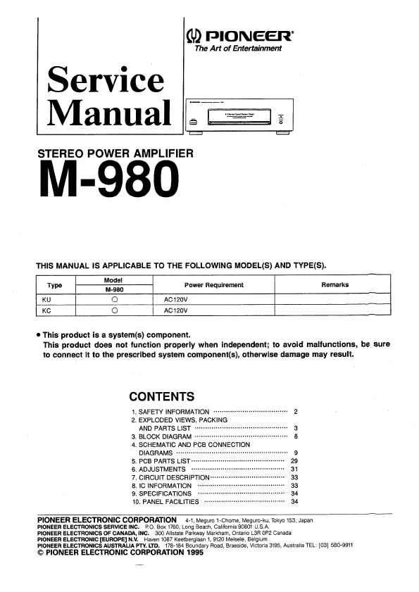 Сервисная инструкция Pioneer M-980
