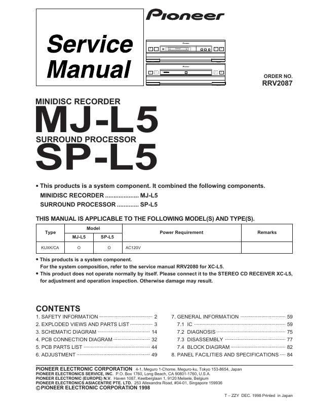 Сервисная инструкция Pioneer MJ-L5, SP-L5