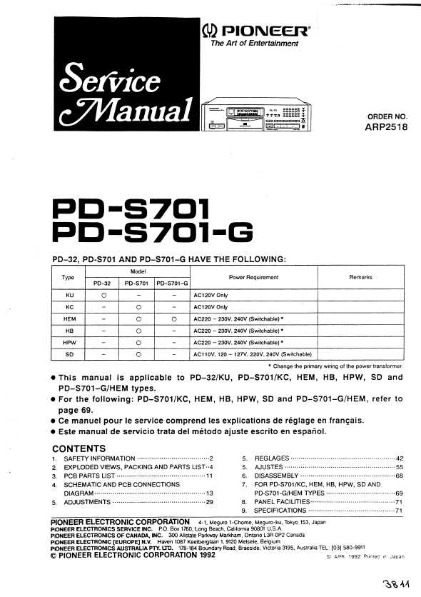 Сервисная инструкция Pioneer PD-32, PD-S701