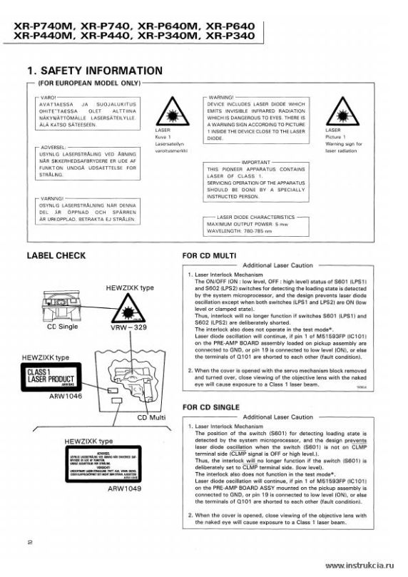 Сервисная инструкция PIONEER XR-P340M, P440M, P640M, P740M, RRV1063