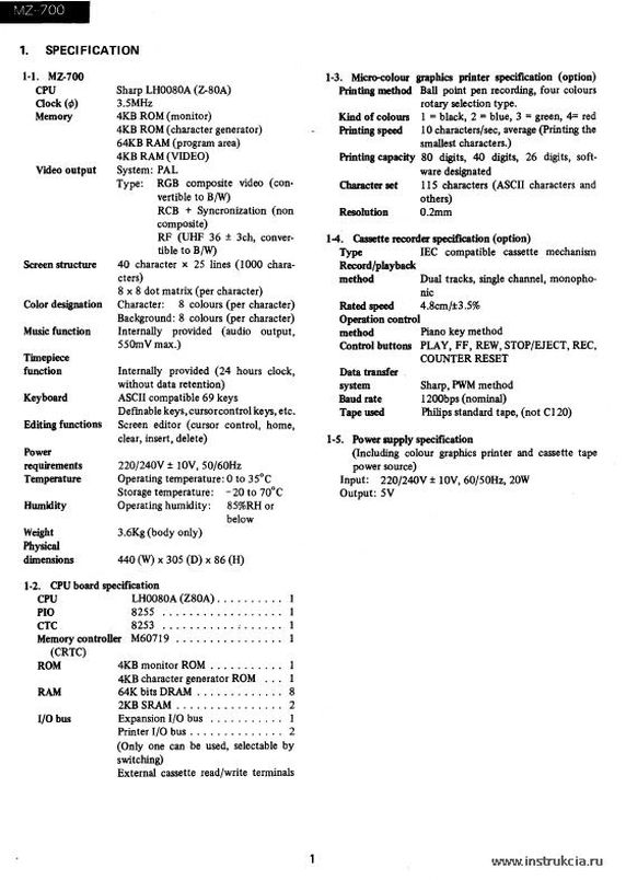 Сервисная инструкция SHARP MZ-700, 1T01, 1P01