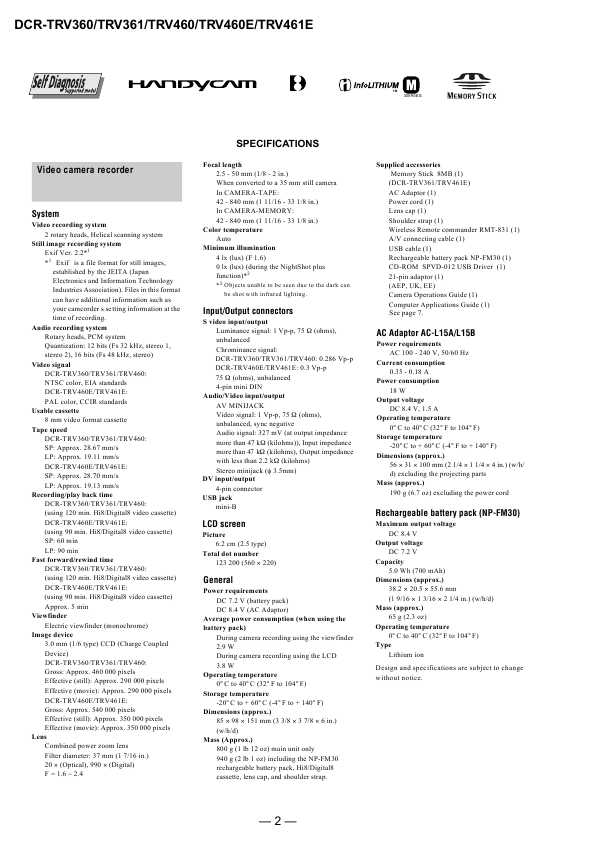 Сервисная инструкция Sony DCR-TRV360, DCR-TRV361, DCR-TRV460, DCR-TRV460E, DCR-TRV461E Level1