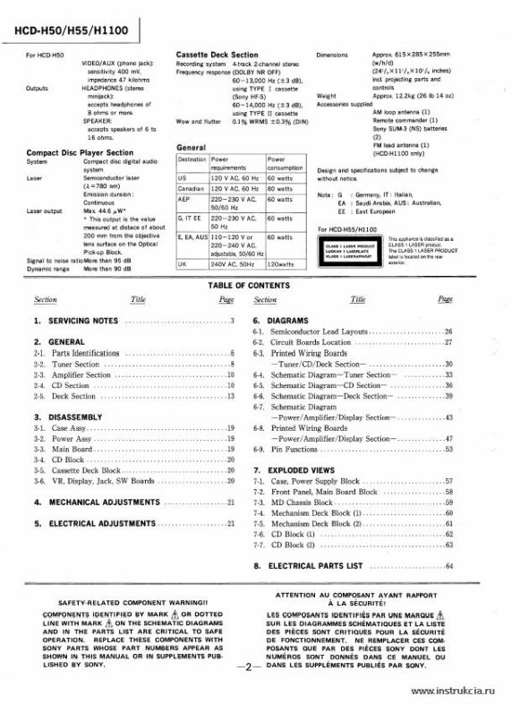 Сервисная инструкция SONY HCD-H50, H55, H1100