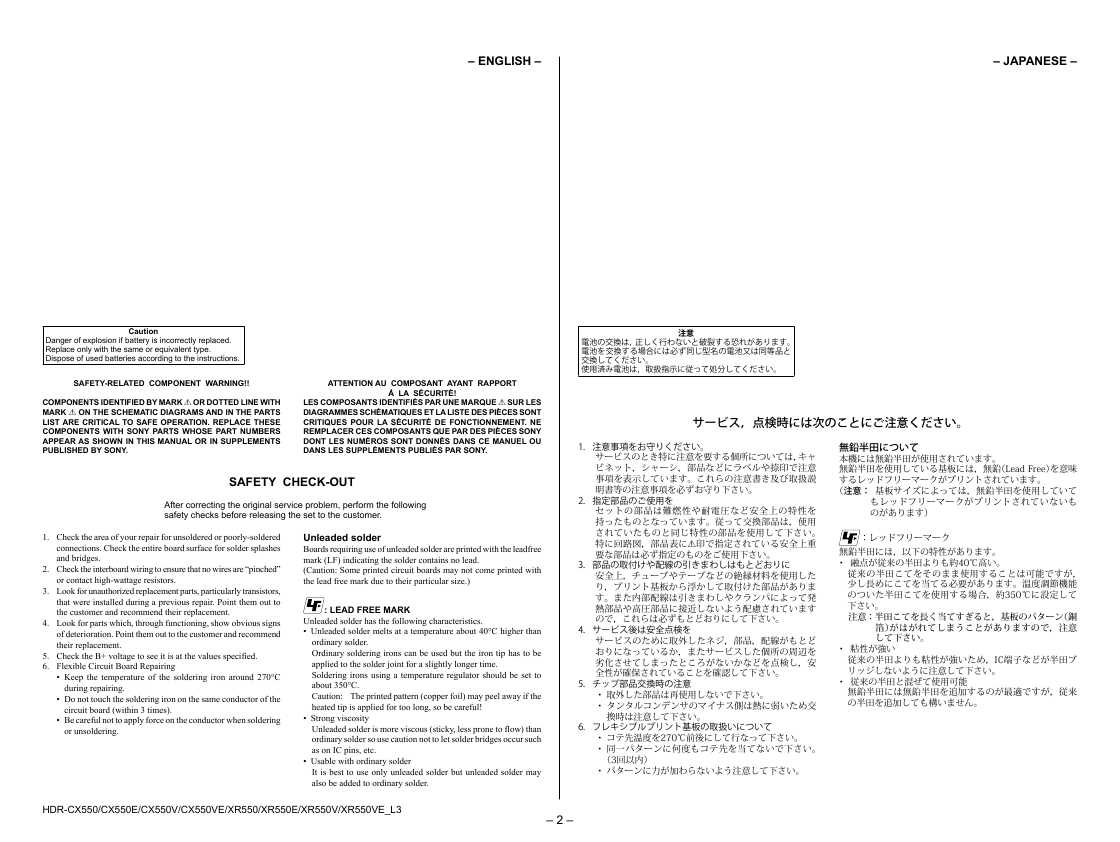 Сервисная инструкция Sony HDR-CX550E, HDR-XR550E, Level 3