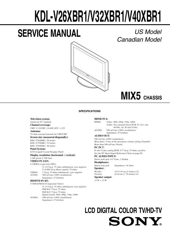 Сервисная инструкция Sony KDL-V26XBR1, KDL-V32XBR1, KDL-V40XBR1 MIX5