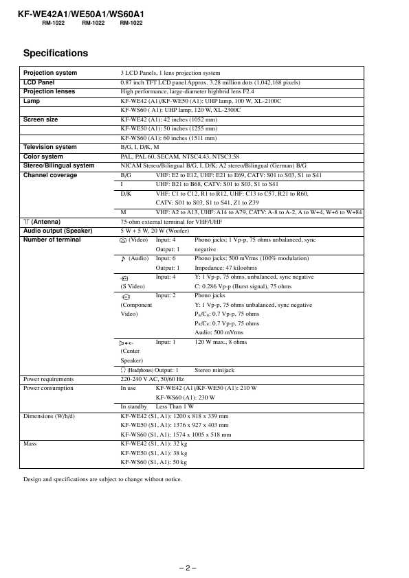 Сервисная инструкция Sony KF-WE42A1, KF-WE50A1, KF-WS60A1