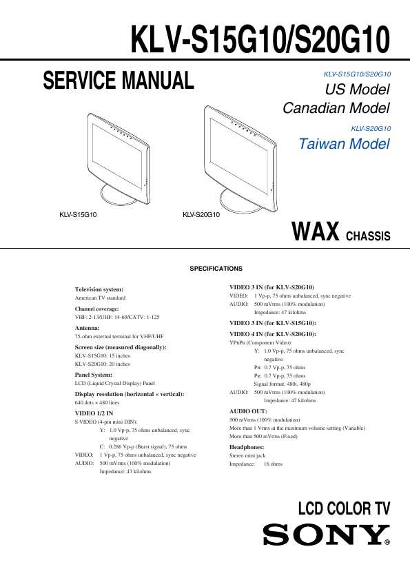 Сервисная инструкция Sony KLV-S15G10, KLV-S20G10 (WAX chassis)