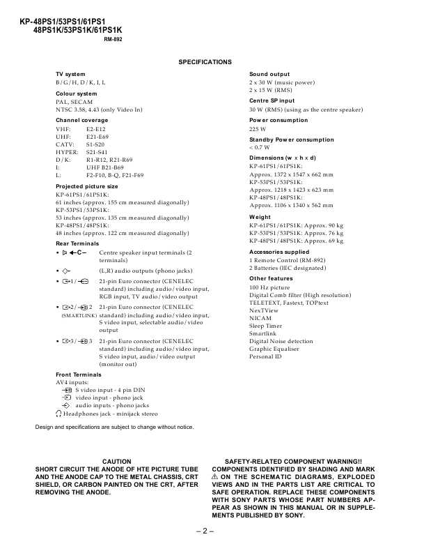 Сервисная инструкция Sony KP-48PS1, KP-53PS1, KP-61PS1 (RE-3 chassis)