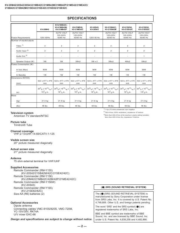 Сервисная инструкция Sony KV-20M42, KV-20S42, KV-21MB42, KV-21ME42, KV-21SE82, BA-4D шасси