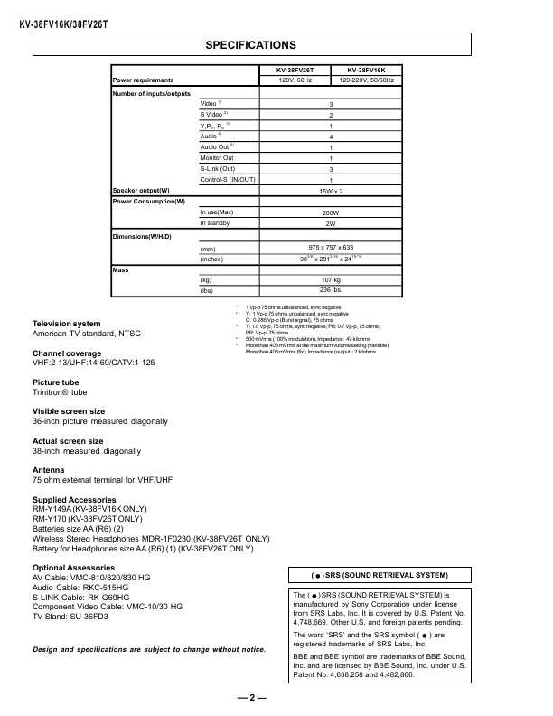 Сервисная инструкция Sony KV-38FV16K, 38FV26T