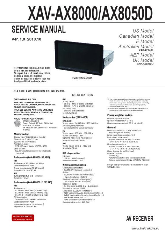Сервисная инструкция SONY XAV-AX8000, AX8050D