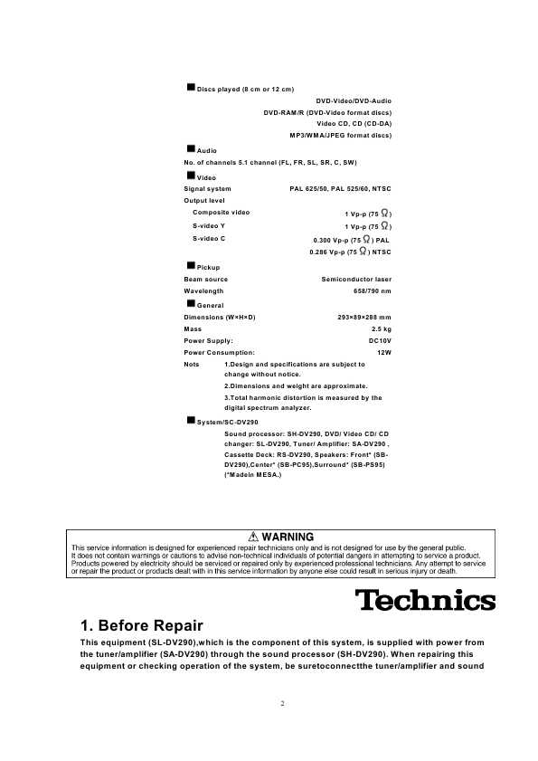 Сервисная инструкция Technics SL-DV290EE