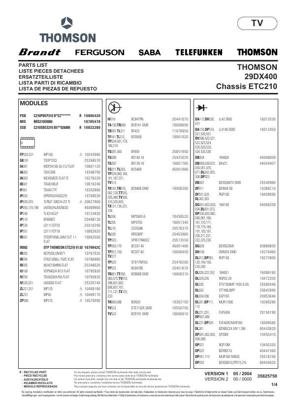 Сервисная инструкция Thomson 29DX400, ETC210