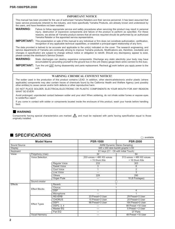 Сервисная инструкция Yamaha PSR-1000, PSR-2000